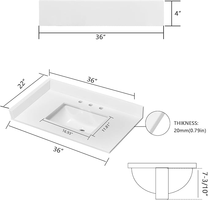 36" x 22" Vanity Top, Quartz Vanity Sink Top in Pure White, with One Sidesplash & One Backsplash, with Undermounted Sink,8 Inch Faucet Hole Spread for Vanity Top with Sink