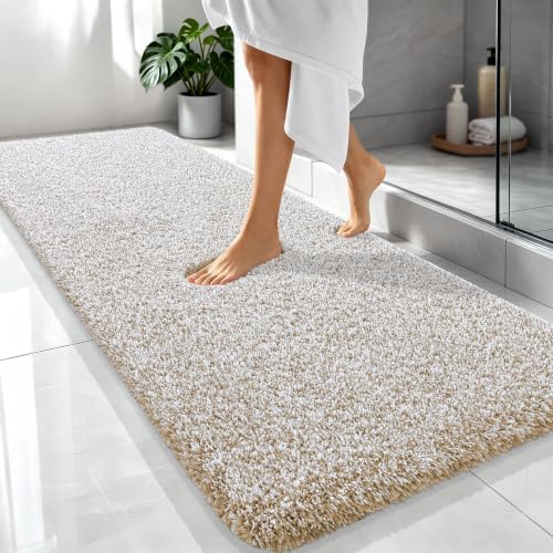 OLANLY Microfiber Bathroom Rugs 70x24, Quick Dry Bath Mat, Beige and White