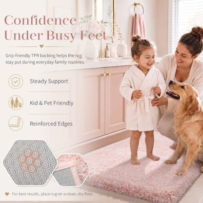 Yimobra Bath Rugs For Bathroom 32X20, Ultra Soft and Water Absorbent Bath Mats, Non Slip Plush Shower Mat Outside, Microfiber Thick Matts for Bathroom Floor/Tub, Machine Washable, Light Pink and White