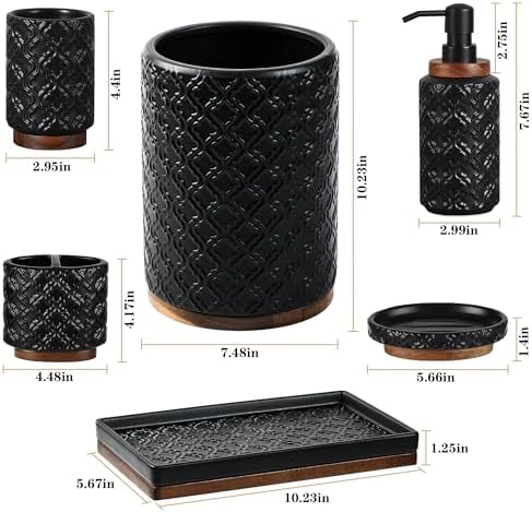 RQYIXI Ceramic Bathroom Accessories Set,Black,6 Piece,Embossed Design
