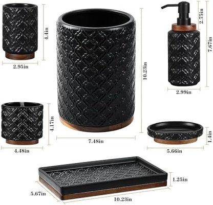RQYIXI Ceramic Bathroom Accessories Set,Black,6 Piece,Embossed Design