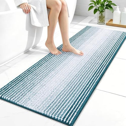 OLANLY Bathroom Runner Rugs 47x20, Chenille Striped Bath Rugs, Peacock Blue