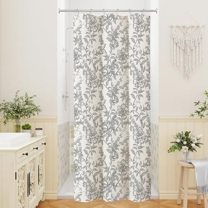 Black Boho Linen Fabric Shower Curtain , Farmhouse Floral For Bathroom