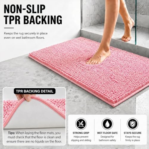 Bathroom Rugs Sets 2 Piece,Super Absorbent Soft,Thick,Machine Washable Chenille Bath Mat,Non Slip Toilet Floor Rug,Bath Mats for Bathroom,20x32 Plus 20x20 U Shape,Pink