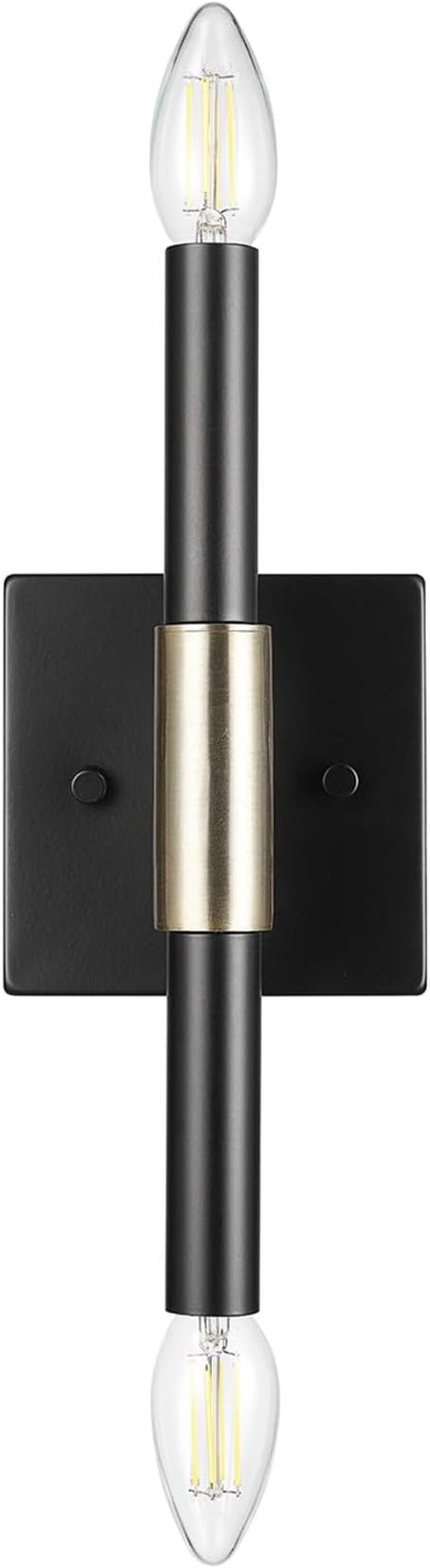 Globe Electric 65000044 2-Light Wall Sconce, Matte Black, Antique Brass Accent, E12 Base Sockets, Lights for Living Room, Home Decor, Lighting, Mounted Bedside Lamp