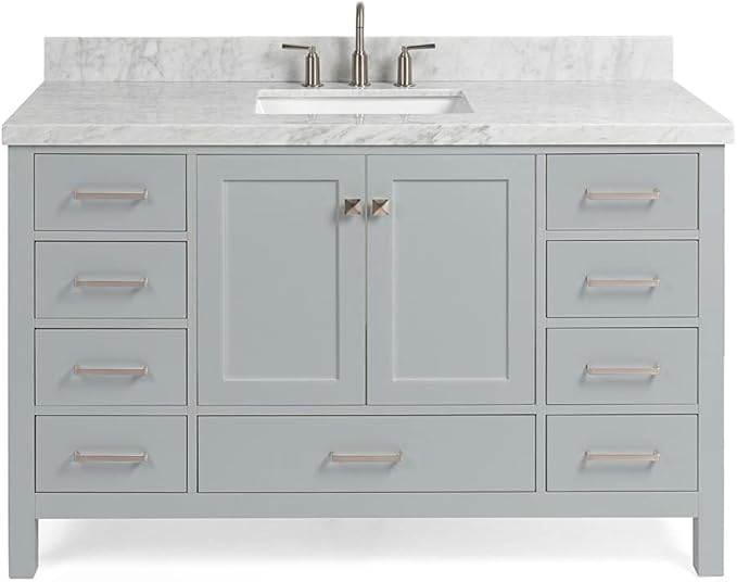 ARIEL Cambridge 54-inch Bathroom Vanity with Sink,Solid Wood, 1.5-inch Italian Carrara Marble Countertop, Single Rectangular Porcelain Sink, 2 Soft Closing Doors, 9 Dovetail Drawers, Grey