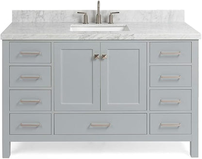 ARIEL Cambridge 54-inch Bathroom Vanity with Sink,Solid Wood, 1.5-inch Italian Carrara Marble Countertop, Single Rectangular Porcelain Sink, 2 Soft Closing Doors, 9 Dovetail Drawers, Grey