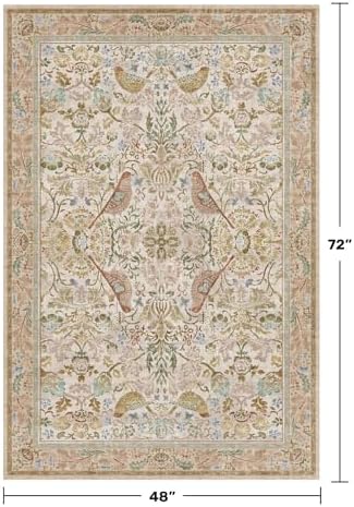 Washable Area Rug 4x6 for Living Room - Boho Western Nature Rugs for Bedroom, Kitchen, Office, Large Entryway, Rustic Botanical Decor, Non-Slip Low Pile Beige Ultra Soft Bird Carpet