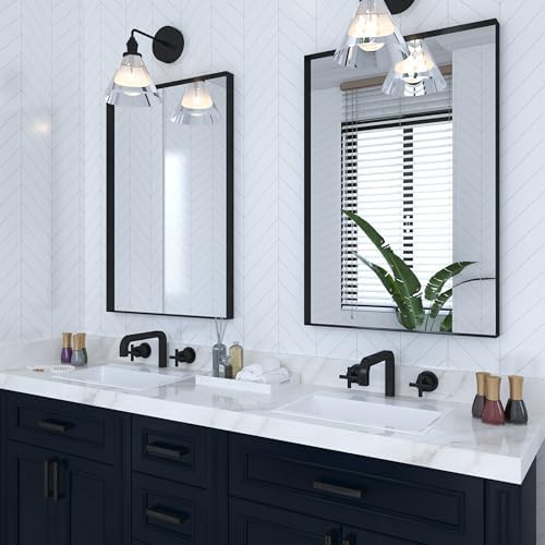 VocalStar Black Metal Framed Bathroom Mirror for Wall, 24 x 36 Inch Square Corner Rectangle Black Bathroom Vanity Mirror Modern Farmhouse, 1/4-inch Shatterproof Glass | Ultra-Flush Hanging