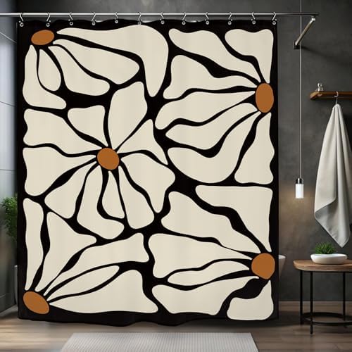 Matisse Flower Shower Curtain 60Wx72L Inch Abstract Retro Aesthetic Minimalist Modern Vintage Art 70s Modern Black Beige Bathroom Set Accessories Decor with 12 Pack Hooks