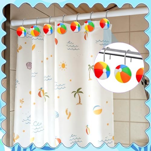 Thyle 12 Pcs Summer Beach Shower Curtain Hooks - Colorful Beach Ball Resin Decorative Curtain Rings Rust Proof Stainless Steel for Coastal, Summer Hawaiian Tropical Bathroom Bedroom Party Decor