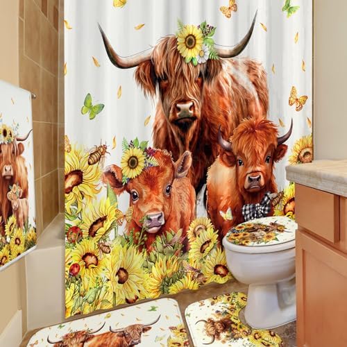 FuWeave 8 Pcs Highland Cow Shower Curtain Set, Sunflower Bathroom Set