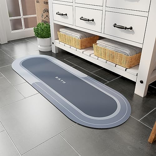 MontVoo Bath Mat Runner - Long Non Slip Absorbent Quick Dry Thin Bath Rug for Bathroom Floor Mat - Rubber Backed - Stain Resistant - Easy Care - Blue17 x50