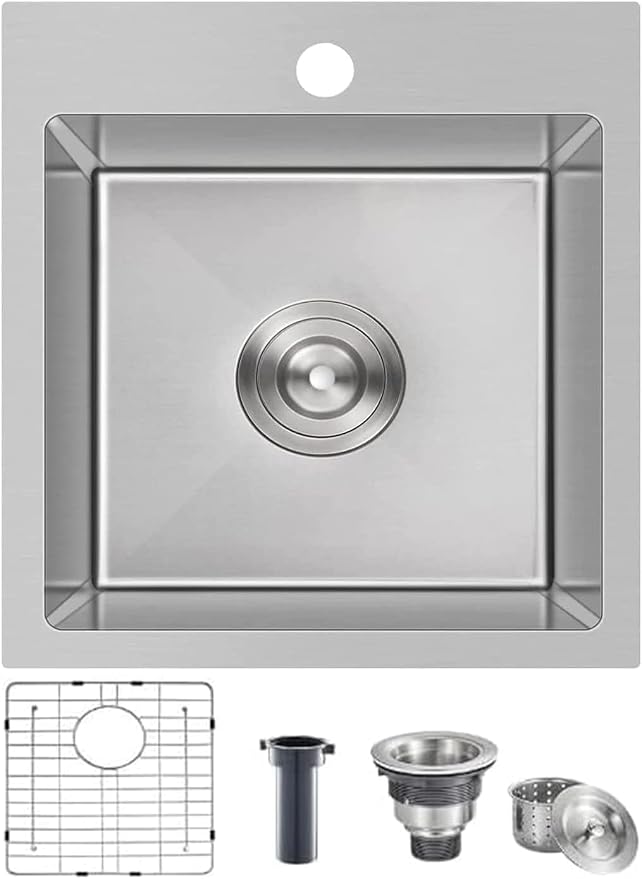 Comllen 18x18 Inch Drop in Bar Sink,Top Mount Handmade 16 Gauge Stainless Steel Small Kitchen Sink,9 Inch Deep Single Bowl Workstation Wet Bar Sink with Stainless Steel Grid & Strainer