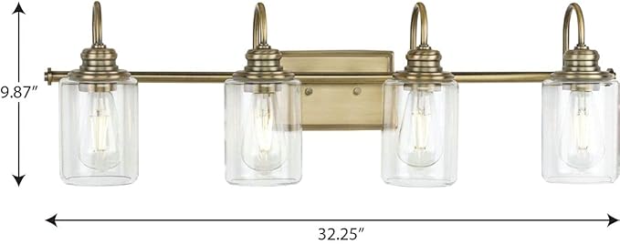 Progress Lighting Aiken Collection 4-Light Vintage Brass Clear Glass Vintage Bath Vanity Light