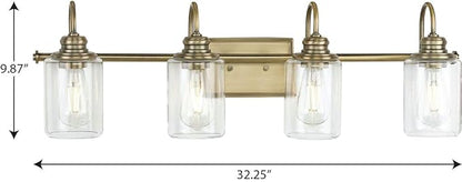 Progress Lighting Aiken Collection 4-Light Vintage Brass Clear Glass Vintage Bath Vanity Light