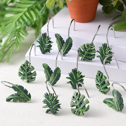 Amyhill 12 Pcs Tropical Leaf Decorative Shower Curtain Hooks Cute Green Monstera Deliciosa Leaves Curtain Rings Hanger Stainless Steel Resin Tropical Botanical Themed Hooks for Home Bathroom Decor