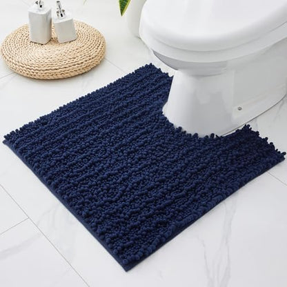 Disolla Toilet Rug 24x24 Inch - Navy Blue U-Shaped Bathroom Floor Mat, Soft Shaggy Plush Absorbent Chenille Contour Rug, Non-Slip Washable Pedestal Base Rug