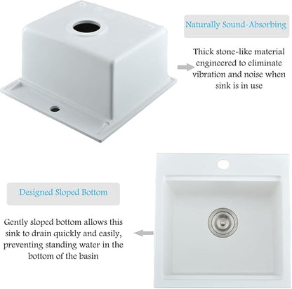 21 Inch White Bar Sink Drop In Quartz Workstation Outdoor RV Sink | 21x20 White Drop In Kitchen Sink, Single Bowl Wet Bar Sinks with Cutting Board,Resistant to Stain, Heat, Chipping