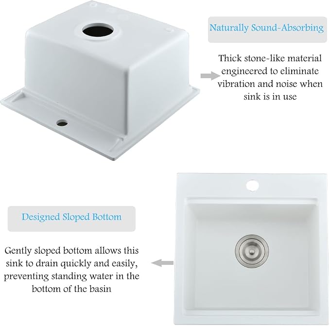 15 Inch White Drop In Bar Sink Workstation, Quartz Outdoor Rv Sink | 15x15 Wet Bar Sink Single Bowl Small Drop In Kitchen Sinks with Cutting Board,Resistant to Stain, Heat, Chipping & Scratch