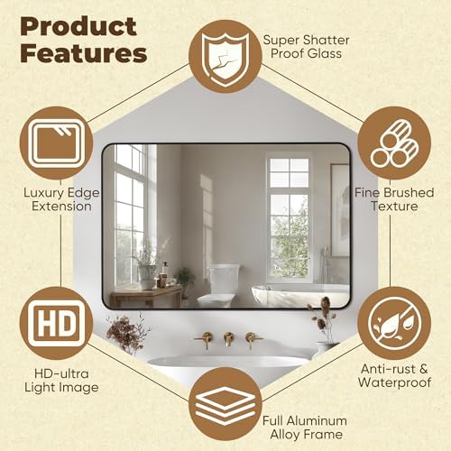 Antok Bathroom Mirror, 48"x32" Wall Mirror, Decorative Mirrors Vanity Mirror Aluminum Alloy Frame Contemporary Rectangular Hanging Mirror for Living Room Bathroom Entryway,Black,Round Corner