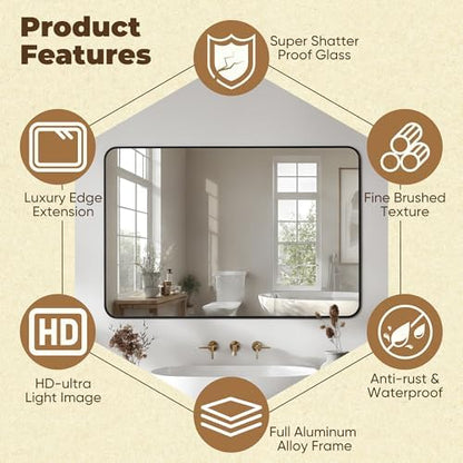Antok Bathroom Mirror, 48"x32" Wall Mirror, Decorative Mirrors Vanity Mirror Aluminum Alloy Frame Contemporary Rectangular Hanging Mirror for Living Room Bathroom Entryway,Black,Round Corner
