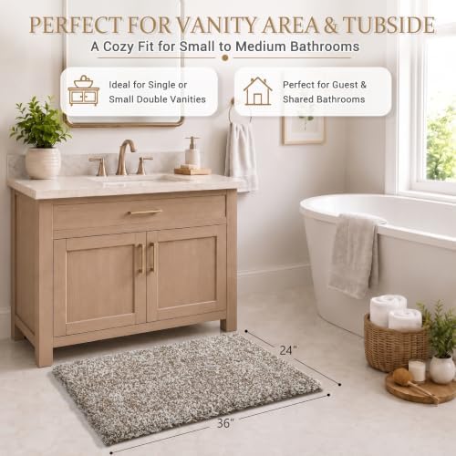 Yimobra Bathroom Rugs Non Slip Washable 36X24, Ultra Soft and Water Absorbent Bath Mats, Plush Fluffy Shower Mat Outside, Luxury Microfiber Thick Matts for Bathroom Floor/Tub, Light Brown and White
