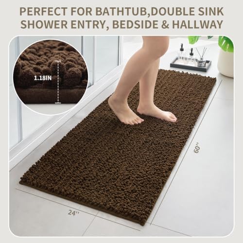 Bathroom Rugs Non Slip Washable 60x24, Extra Thick Soft Chenille Absorbent Bath Mat, High Density Barrier Non Slip Backing, Quick Dry Plush Shaggy Floor Carpet for Tub&Shower, Brown