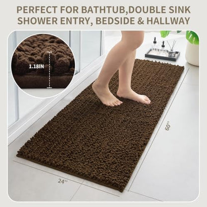 Bathroom Rugs Non Slip Washable 60x24, Extra Thick Soft Chenille Absorbent Bath Mat, High Density Barrier Non Slip Backing, Quick Dry Plush Shaggy Floor Carpet for Tub&Shower, Brown