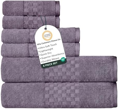 Feather & Stitch 100% Cotton 625 GSM Bath Towel Set of 6, Ultra Soft Highly Absorbent 2 Bath Towels, 2 Hand Towels & 2 Washcloth - Luxury Quick Dry Shower Towels (Grape)