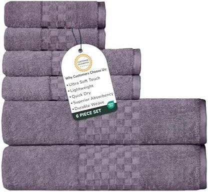 Feather & Stitch 100% Cotton 625 GSM Bath Towel Set of 6, Ultra Soft Highly Absorbent 2 Bath Towels, 2 Hand Towels & 2 Washcloth - Luxury Quick Dry Shower Towels (Grape)