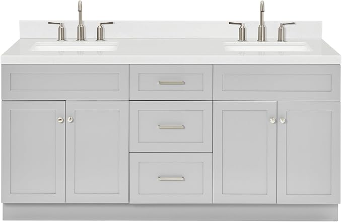 ARIEL Hamlet 72-inch Bathroom Vanity with Sink,Solid Wood, 1.5-inch Carrara White Quartz Countertop & Backsplash, Double Rectangular Porcelain Sink, 4 Soft Closing Doors, 3 Dovetail Drawers, Grey
