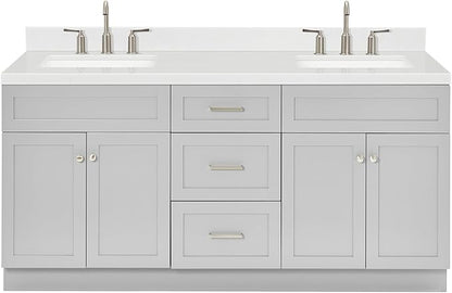 ARIEL Hamlet 72-inch Bathroom Vanity with Sink,Solid Wood, 1.5-inch Carrara White Quartz Countertop & Backsplash, Double Rectangular Porcelain Sink, 4 Soft Closing Doors, 3 Dovetail Drawers, Grey