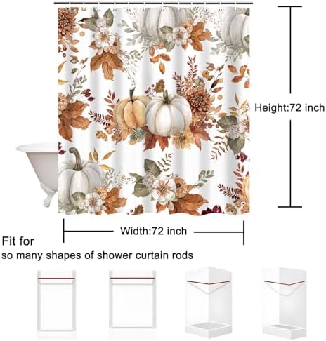 Fall Pumpkin Shower Curtain 72"x72" Waterproof Polyester, Autumn Leaves Floral Thanksgiving Bathroom Decor Includes 12 Hooks