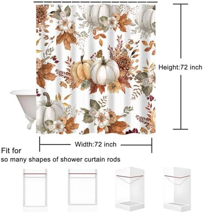 Fall Pumpkin Shower Curtain 72"x72" Waterproof Polyester, Autumn Leaves Floral Thanksgiving Bathroom Decor Includes 12 Hooks