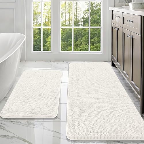 OLANLY Chenille Bathroom Rugs Mats Sets 2 Piece, 47"x20"+30"x20", Ivory