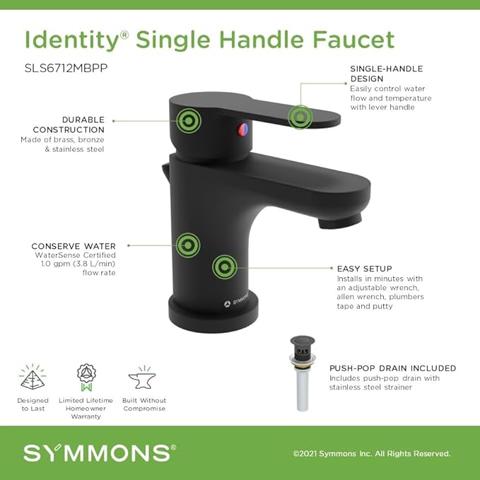 Symmons Identity Single Hole Single Handle Bathroom Faucet with Push Pop Drain in Matte Black (1.0 GPM), Large