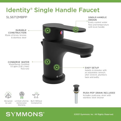 Symmons Identity Single Hole Single Handle Bathroom Faucet with Push Pop Drain in Matte Black (1.0 GPM), Large