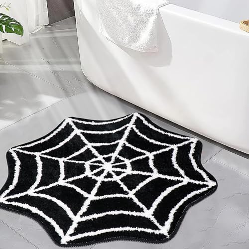 Meetory Spider- Web Bath Mat, 31×20" Halloween Bath Mat Non-Slip Rugs Spiderweb Rug Machine Washable Goth Area Rugs Gothic Rug for Front Door, Bedroom, Living Home (Black+White)