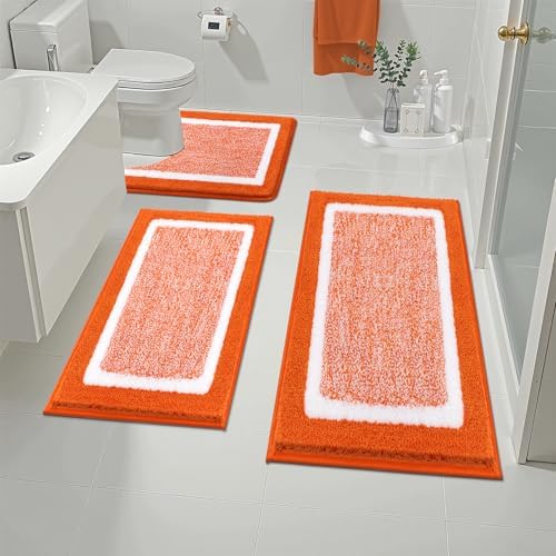 Pauwer 3 Piece Bathroom Rug Set, Non Slip Washable Bath Mat, Orange