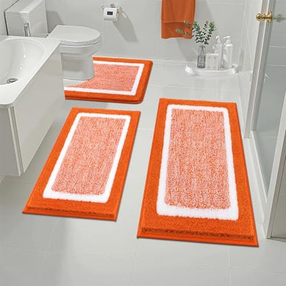Pauwer 3 Piece Bathroom Rug Set, Non Slip Washable Bath Mat, Orange