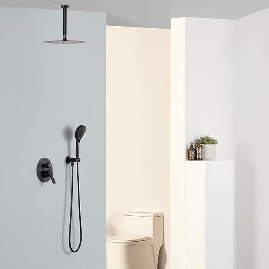 Matte Black Shower System With 12 Inches Rainfall Head and Handheld Set, High Pressure Faucet With Brass Valve for Bathroom Ceiling Mounted Fixture