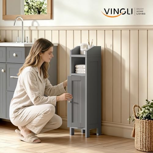 VINGLI Small Storage Corner Floor Cabinet, 7.9" Narrow Toilet Paper Storage Holder with Vertical Striped Door, Skinny Freestanding Organizer for Small Spaces, Slim Bathroom Storage Cabinet, Grey