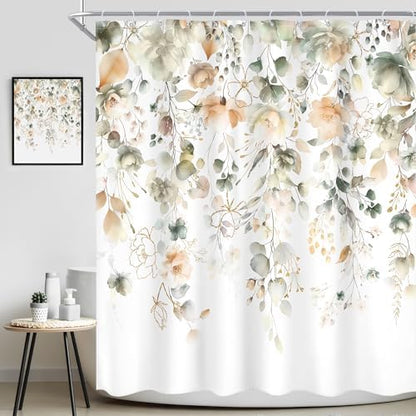 Green Yellow Floral Summer Watercolor Sage Bathroom Shower Curtain Set