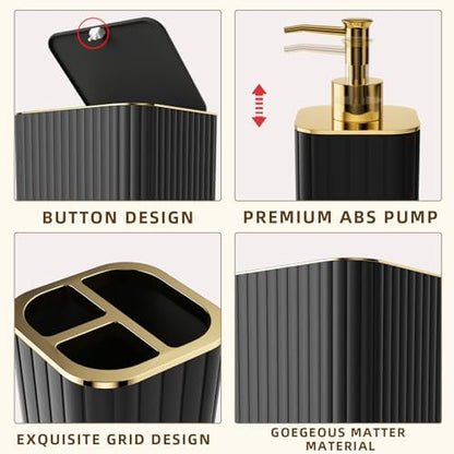 XLHOMO Bathroom Accessory Set - 26PC Bathroom Shower Curtain and Rug Set, Bathroom Accessories Set, Black Bathroom Set with Trash Can, Toilet Brush, Qtip Holder & Soap Dispenser
