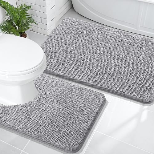 OLANLY Chenille Bathroom Rugs Mats Sets 2 Piece, 36"x24"+24"x20", Grey