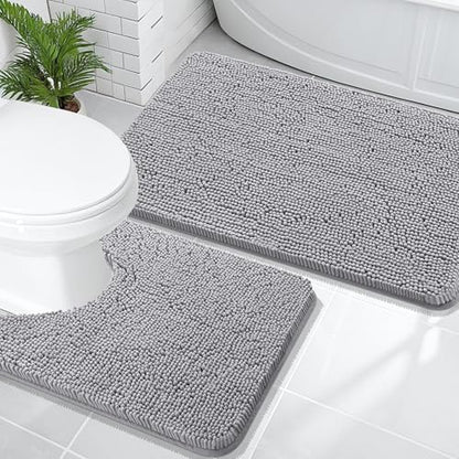 OLANLY Chenille Bathroom Rugs Mats Sets 2 Piece, 36"x24"+24"x20", Grey