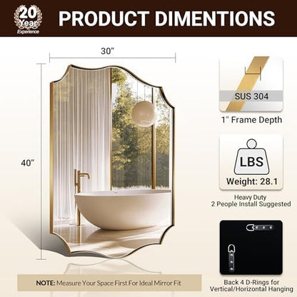 ANDY STAR 30"x40" Brushed Gold Bathroom Mirror, Large Rectangle Scalloped Mirror, Antique Brass Mirror in Rust-Proof Stainless Steel 1" Frame, Unique Wavy Design, Ideal for Home Remodel