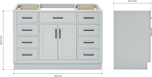 ARIEL Hepburn 48-inch Bathroom Vanity Base Cabinet,Solid Wood, 2 Soft Closing Doors, 9 Dovetail Drawers, Grey