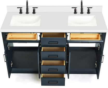DKB Isabella 60" Midnight Blue Double Bathroom Vanity with Sink, 1.5" Pure White Quartz Countertop, Rectangular Undermount Sinks, 4 Soft Closing Doors, 6 Dovetail Drawers